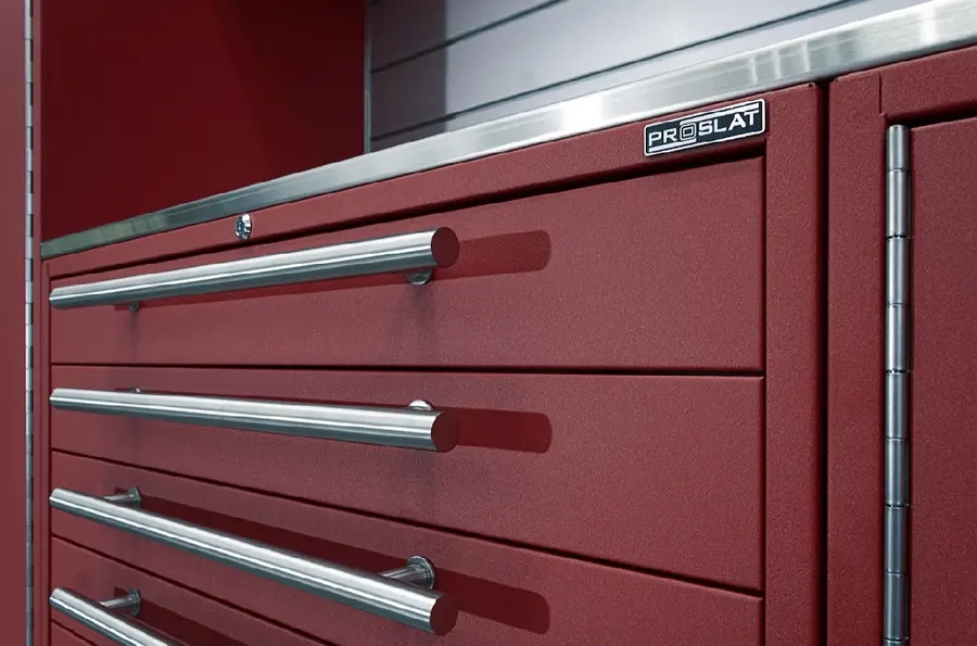 Close-up of Lux drawers with stainless handles