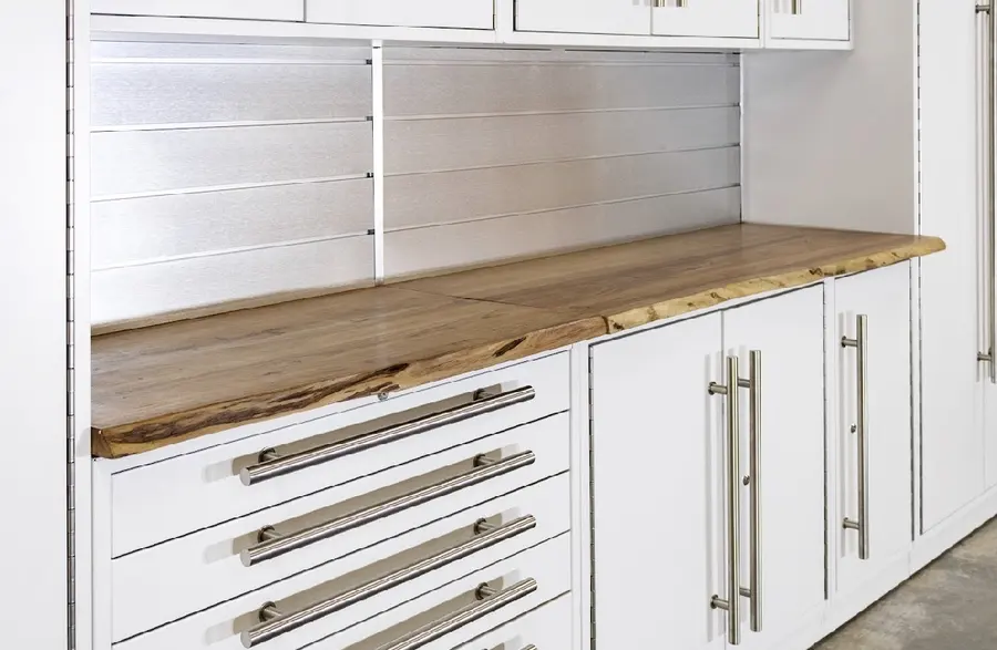 Pearl White Lux cabinets with a live edge counter