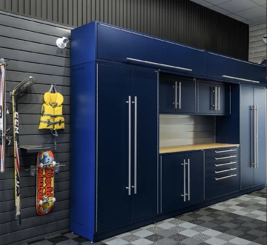 Lux cabinets in Midnight Blue with a maple counter
