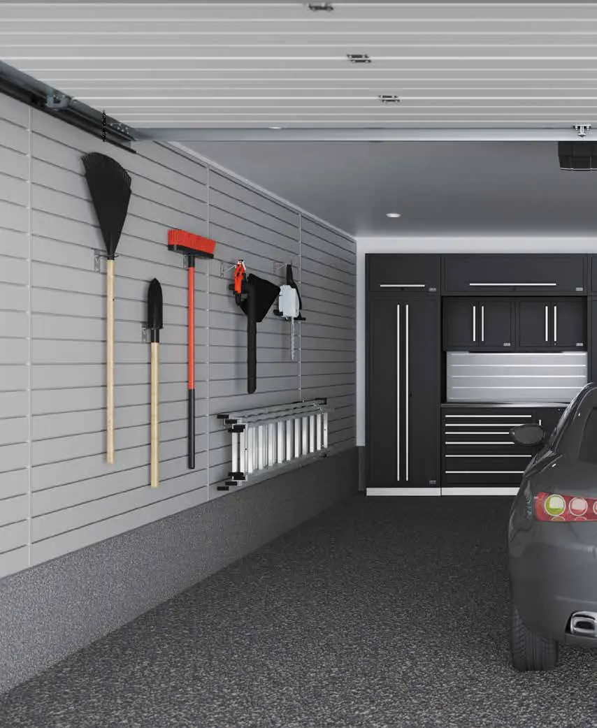 Light gray slatwall with yard tools