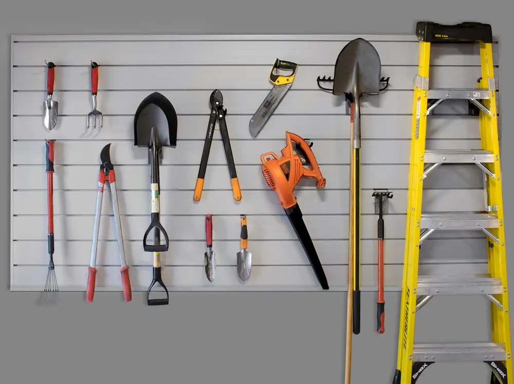 Light gray Classic slatwall holding garden tools and a ladder